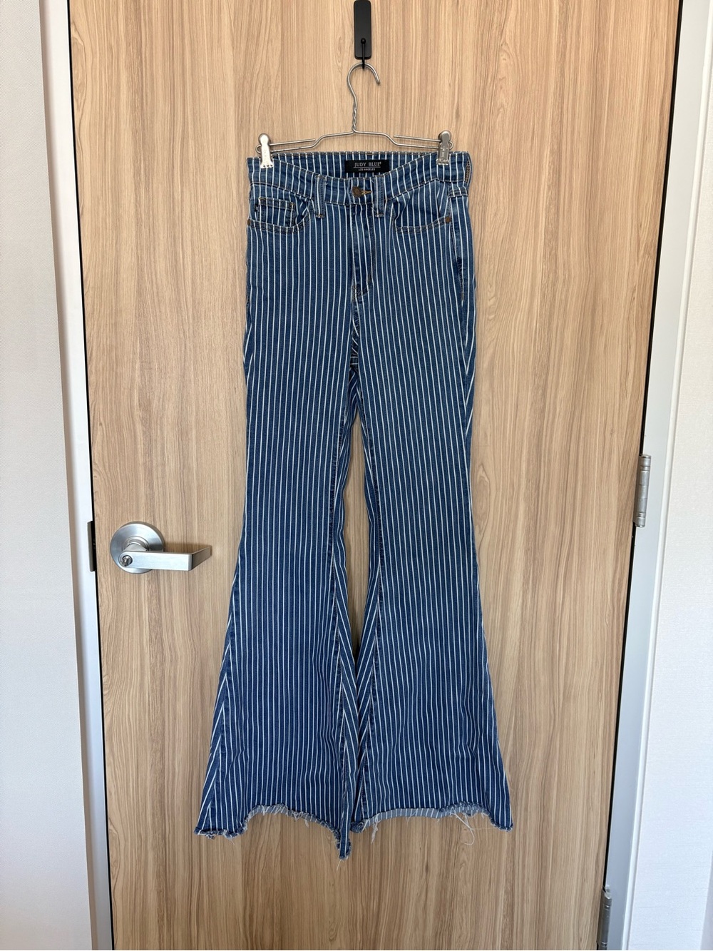 Judy Blue Blue and White Vertical-Stripe Flare Jeans